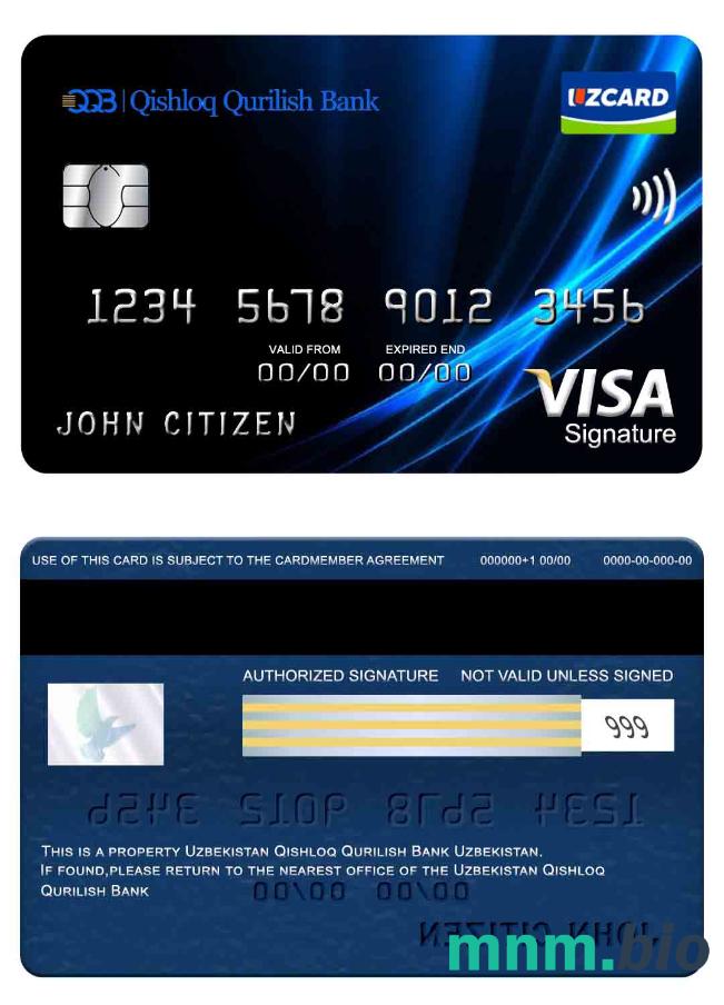 Uzbekistan Qishloq Qurilish Bank visa podpis karta przykład w formacie PSD